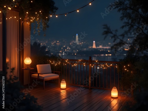 Balcony Night Lights: Close-up top down view of a balcony at night decorated with fairy lights, warm glowing lamps, and soft reflections on a wooden floor.