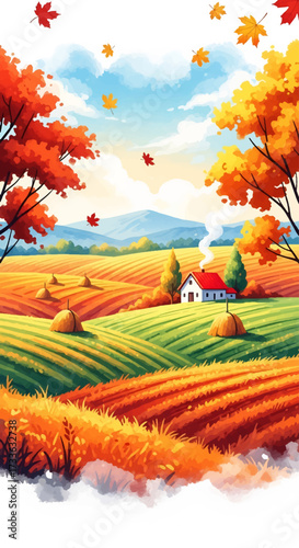 Colorful illustration of autumn countryside with fields, haystacks, farmhouse, and trees with falling leaves, symbolizing rural lifestyle, harvest season, and peaceful nature landscape