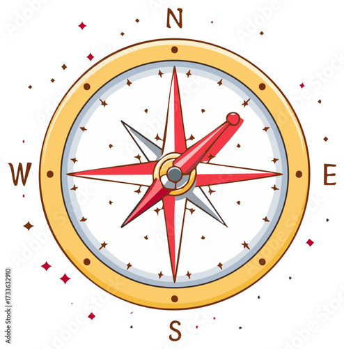 Cartoon compass illustration with a red star rose and gold casing for navigation and adventure concepts