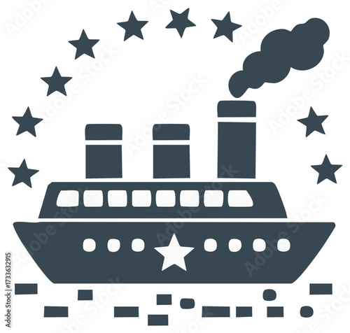 Steamship Silhouette with Stars Overhead Smoke Rising Vacation Travel Concept