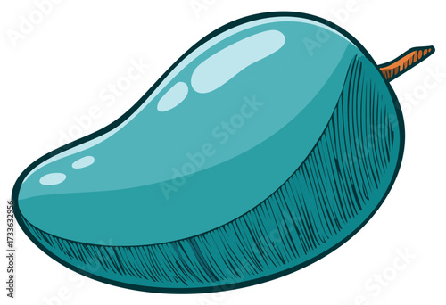 Stylized aqua mango with stem and highlights, drawing.