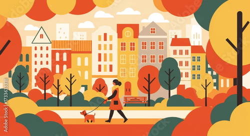 Flat style illustration of woman walking dog in autumn city park with colorful trees and buildings, symbolizing seasonal lifestyle, leisure, wellness, and urban living