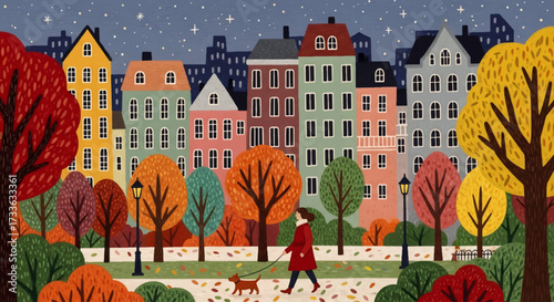 Flat style illustration of woman walking dog in autumn city park with colorful trees and buildings, symbolizing seasonal lifestyle, leisure, wellness, and urban living