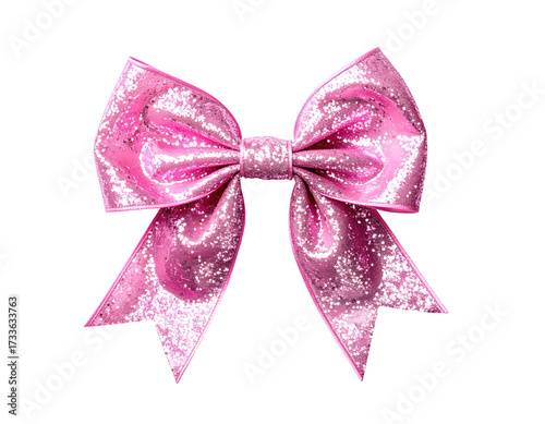 A sparkly pink bow, perfectly tied and isolated on a solid black background
