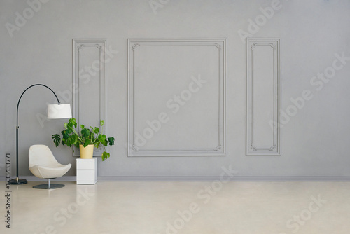 Minimalist bedroom with modern bed, white bedding, stylish chair, arc floor lamp, potted plant, and elegant wall design.