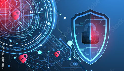 Abstract technological background on the topic of information protection. Various technological elements with padlocks inside which is a digital code.