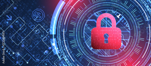 Abstract technological background on the topic of information protection. Various technological elements with padlocks inside which is a digital code.