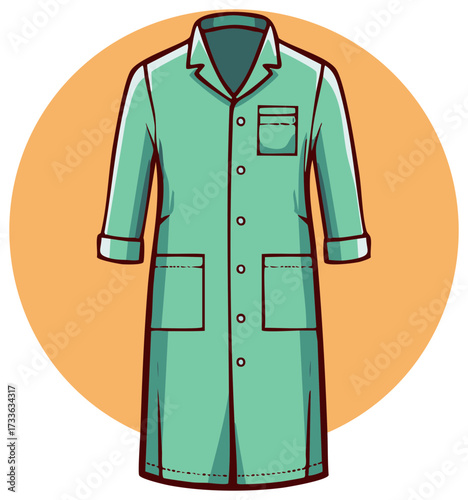Mint Green Lab Coat Illustration with Pockets and Buttons on Orange Circle Backdrop
