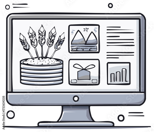 Sketch illustration of an agricultural technology website on a computer monitor with wheat and data charts