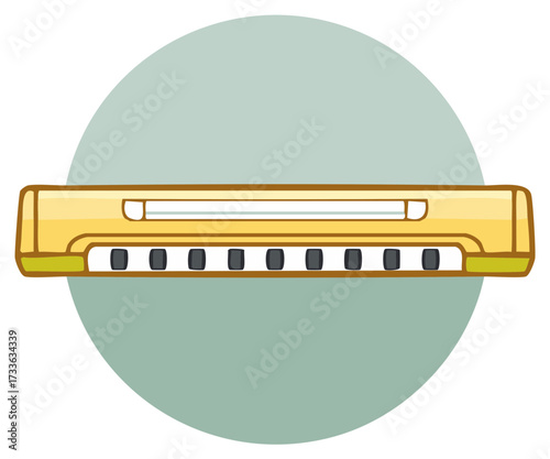 Cartoon image of a yellow harmonica with dark keys inside a light green circle.