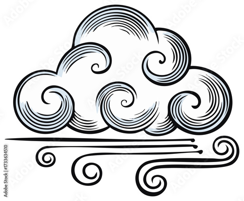 Stylized cloud with swirling wind lines in a graphic illustration style