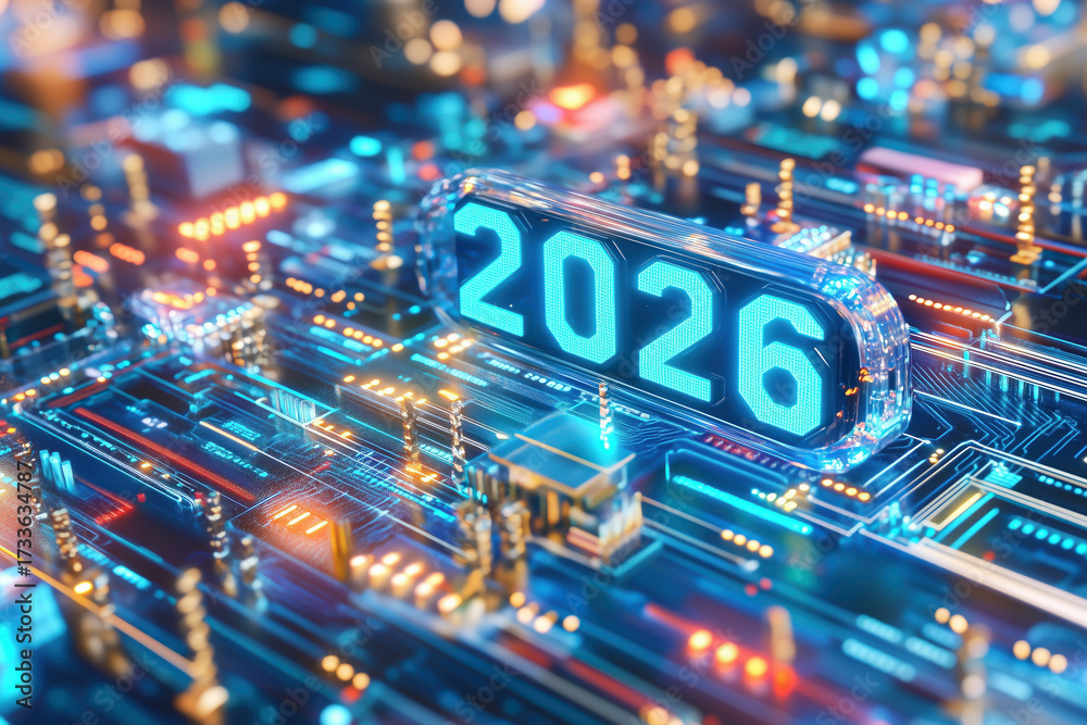 Obraz premium Futuristic digital circuit design with 2026 year displayed prominently in a neon glow