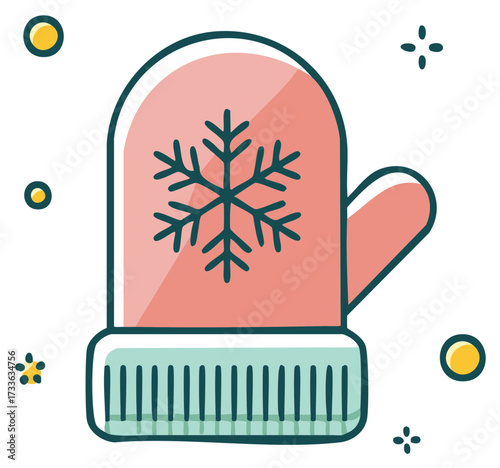 Festive Pink Mitten Adorned With Snowflake Symbol Winter Warmth Accessory Hand Drawn Style