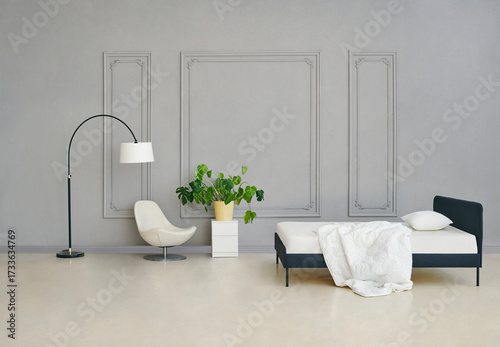 Minimalist bedroom with modern bed, white bedding, stylish chair, arc floor lamp, potted plant, and elegant wall design.