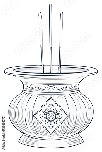 Sketch Illustration of Incense Sticks in a Decorative Incense Burner, Showing Spiritual or Religious Symbolism