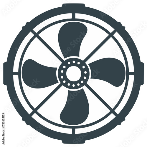 Dark circular illustration of a fan with four blades and protective cage