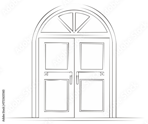 Elegant Archway Double Doors Illustration in Gray Outline Style and Minimalist Design