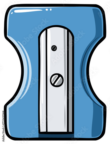 Simple cartoon blue pencil sharpener with metal blade and screws