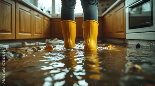 A person in yellow boots stands in a flooded kitchen, surrounded by water and debris, highlighting a serious flooding situation.