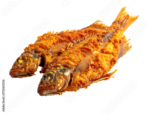 Two golden-brown, fried whole fish on a transparent background, detail visible