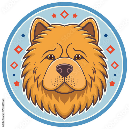 Cartoon Chow Chow dog face, inside a round badge with star and diamond shapes.