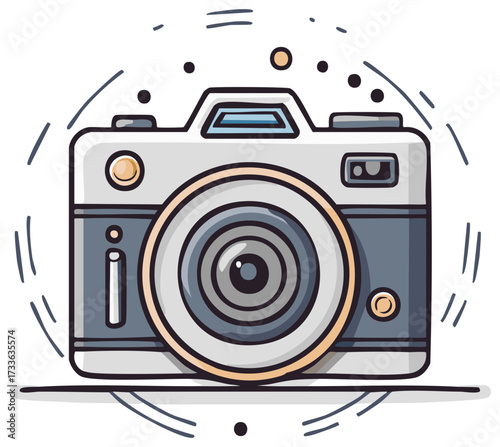 Retro Camera Illustration with Stylized Motion Lines and Dots