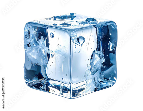 A perfectly clear, blue-tinged ice cube, with bubbles and imperfections