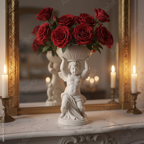 Vase with red roses on marble mantelpiece with candles and mirror  