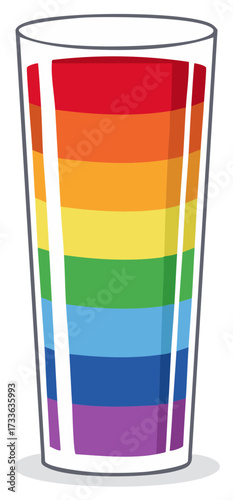 Tall glass filled with colorful rainbow layered liquids or drinks
