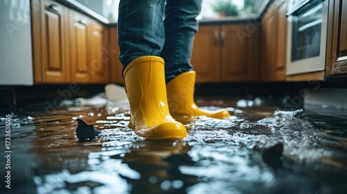 A person stands in yellow rubber boots in a flooded kitchen, with water surrounding them and reflections visible on the surface.