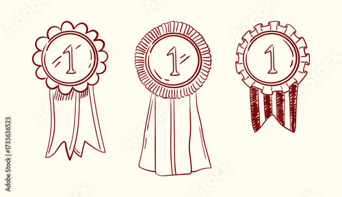 Outline sketch illustrations of tier rosettes for participation in contest, championship, challenge or competition. First place award ribbon. Winner trophy doodle drawings. Vector graphic