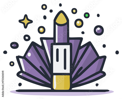 Vibrant lipstick nestled among sparkling mystical crystals and celestial elements