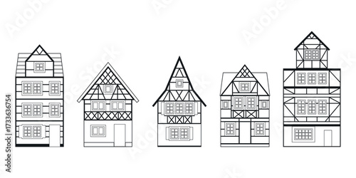 Set of Traditional German Houses. Flat facades of european framing houses, cottages. Vector illustrations isolated on white background. Set for travel posters, maps, guides, postcards, branding.