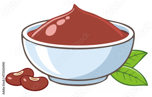 Cartoon illustration of red bean paste in a bowl with leaves and red beans.