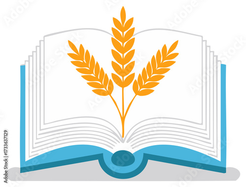 Golden wheat stalks growing from an open book, a vector symbol of agricultural knowledge and education