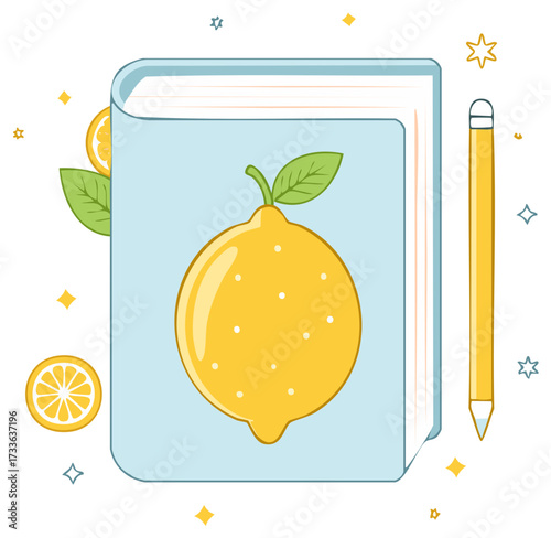 Cute sketchbook with a lemon fruit drawing on the cover next to a yellow pencil and sparkles