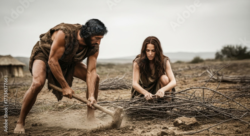 Adam and Eve toil outside Eden. A biblical scene of hardship and survival after the fall of man, symbolizing the curse of laborious work.