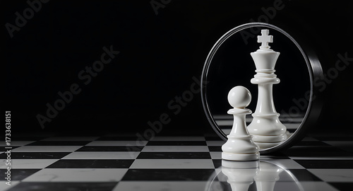 Chess inspiration and self reflection motivational concepts in a dark environment captured from a unique viewpoint