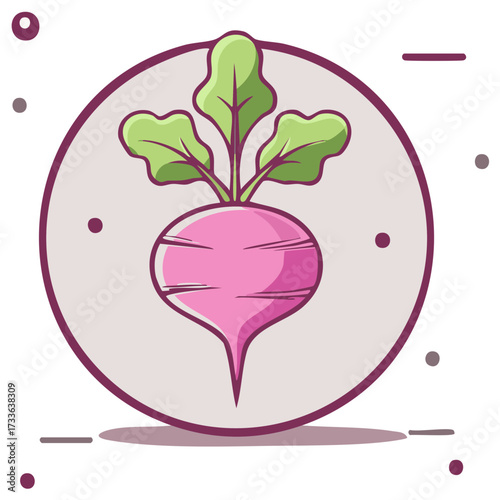 Vibrant Radish Icon with Green Leaves Inside a Purple Circle