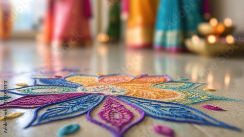 Rangoli Design with Blurred Figures and Oil Lamps