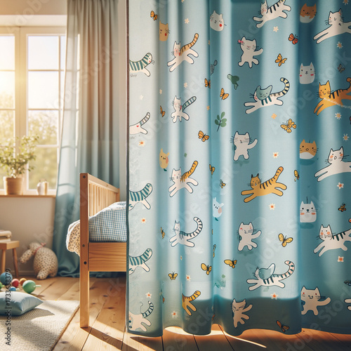 Colorful cat-patterned curtains in cozy bedroom with natural light  