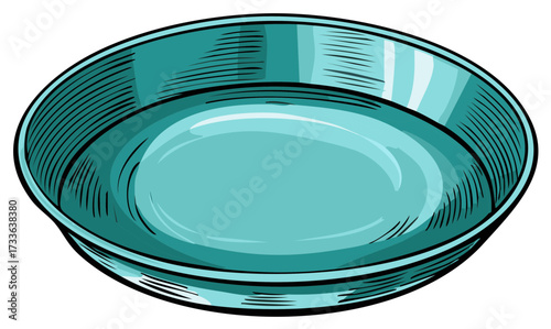 Vintage Style Engraved Illustration of an Empty Shiny Teal Bowl