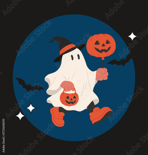 Ghost Holding Pumpkin Balloon Walking at Night