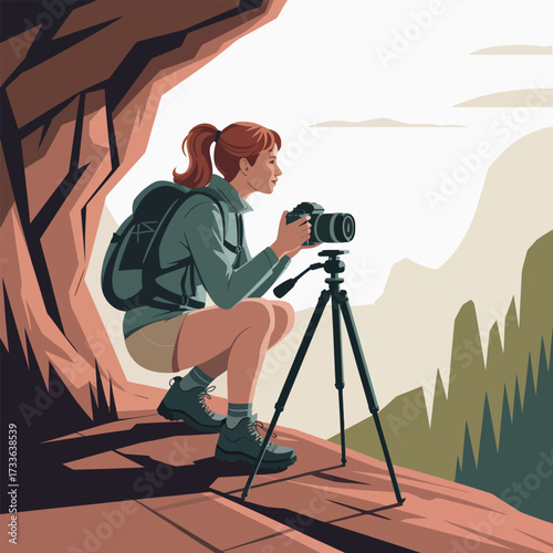 Woman photographer crouching with camera on tripod in rocky mountain landscape graphic
