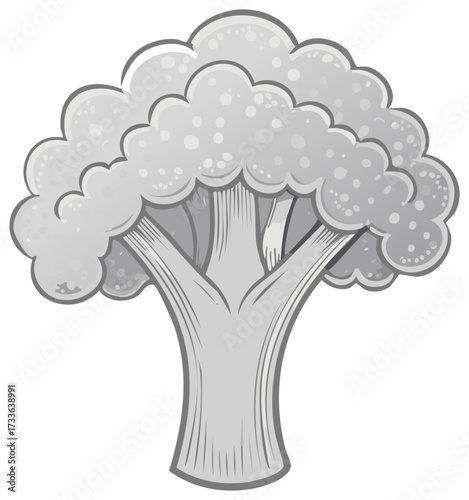 Stylized monochrome illustration of a fresh broccoli head with a thick stalk and detailed florets