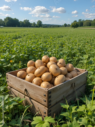 Wallpaper Mural Wooden crate with raw young potatoes in field on summer day Torontodigital.ca