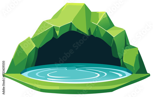 Stylized Green Mountain Cave with Tranquil Blue Water Pool Illustration
