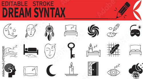 "Editable Stroke Dream Icons Set – Sleep, Subconscious, Mystic Symbols Collection"