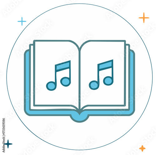 Open book with musical notes representing music education and creative learning