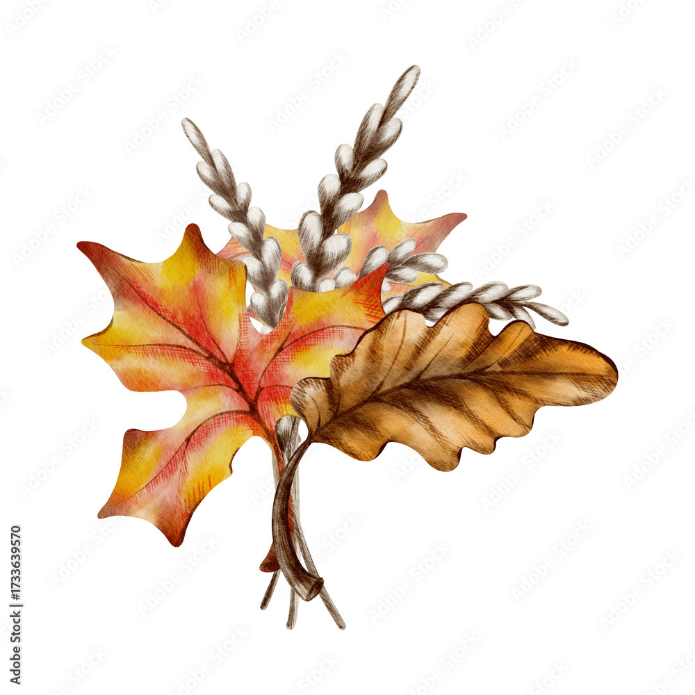 Naklejka premium Autumn bouquet with oak and maple leaves and wheat stalks in warm fall hues.In soft watercolor and textured colored pencils for seasonal projects,childrens books and rustic designs